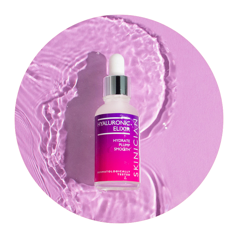 Round image of Skinician Hyaluronic Elixir bottle lying on water to demonstrate its hydrating benefits