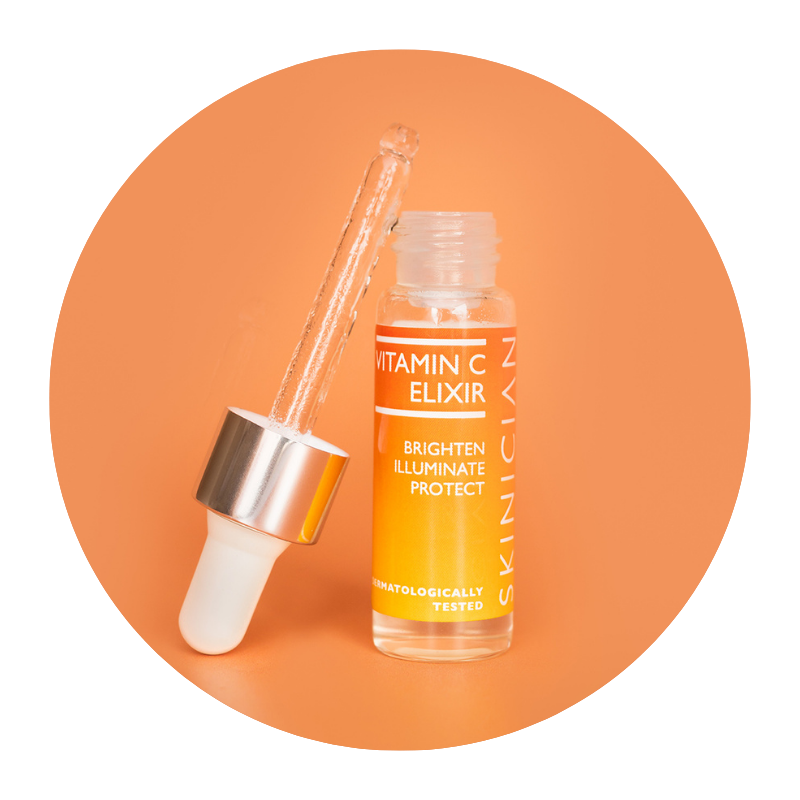 Round image of Skinician Vitamin C Elixir bottle with the pipette removed and leaning against the side of the bottle