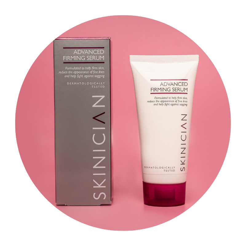 Round image of Skinician Advanced Firming Serum tube and outer box on a red background