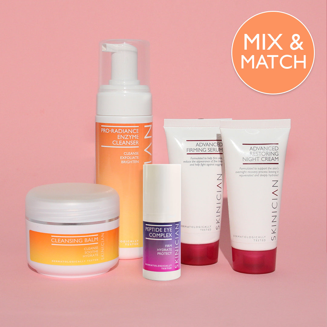 An image showing a mix and match PM skincare kit. 5 step starter set for night time routine.