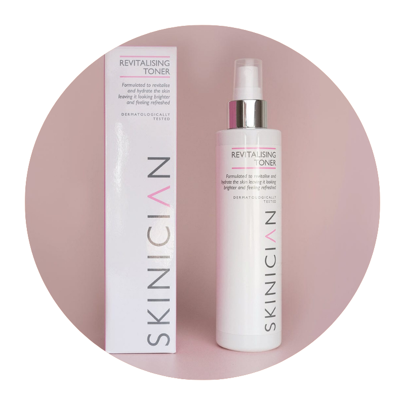 Round image of Skinician Revitalising Toner bottle and outer box on a light pink background