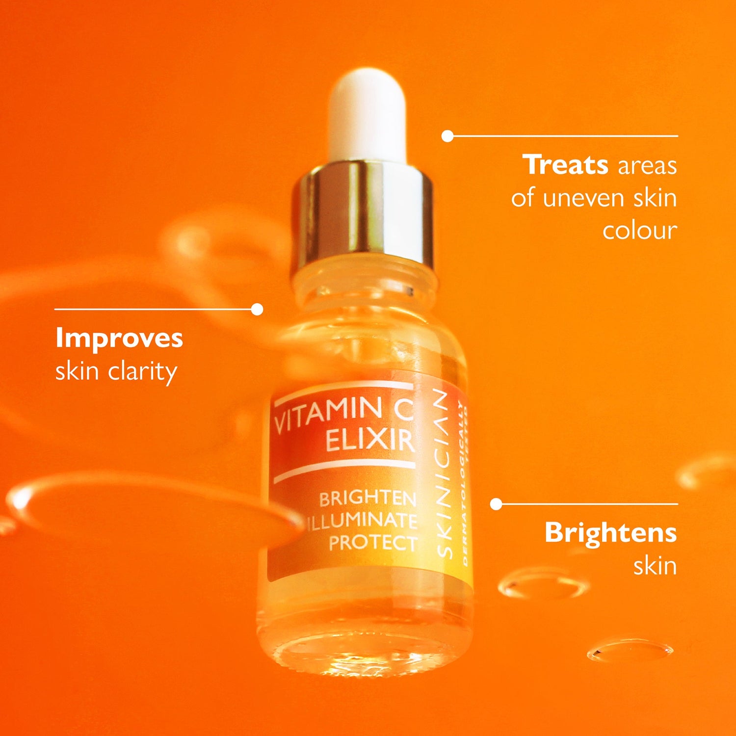 Image of the Vitamin C Elixir bottle with text annotations which say 'treats areas of uneven skin colour' 'brightens skin' and 'improves skin clarity'.