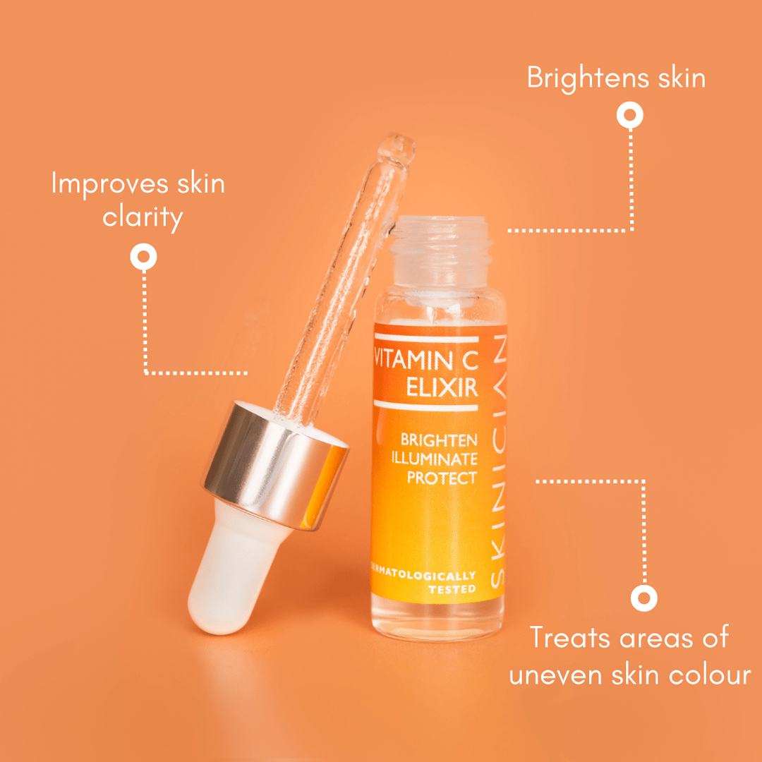An annotated image of the Vitamin C Elixir. The annotations say 'treats areas of uneven skin colour' 'brightens skin' and 'improves skin clarity'.