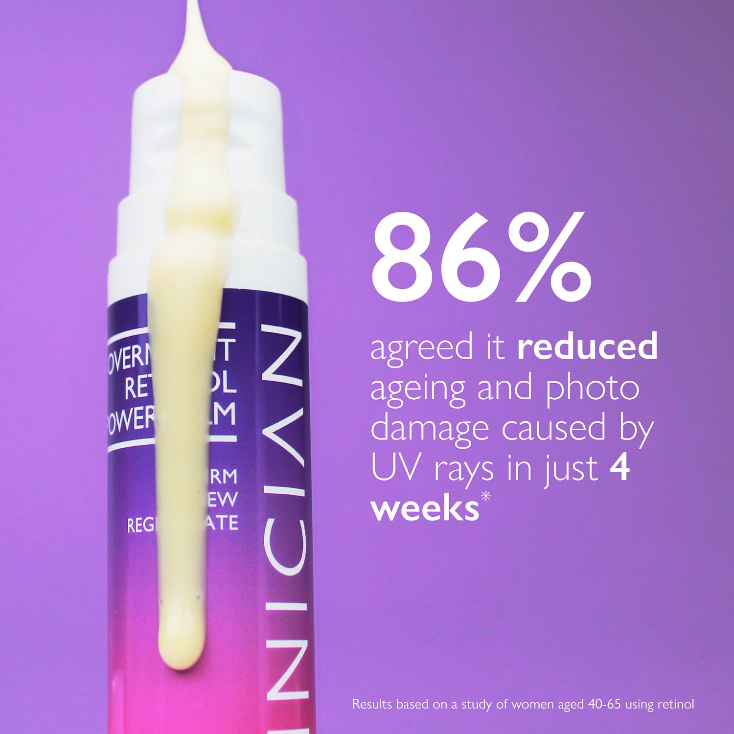 Image of Skinician Overnight Retinol Powerbalm bottle on a purple background. On the image there is text that says "86% agreed it reduced ageing and photo damage caused by UV rays in 4 weeks"