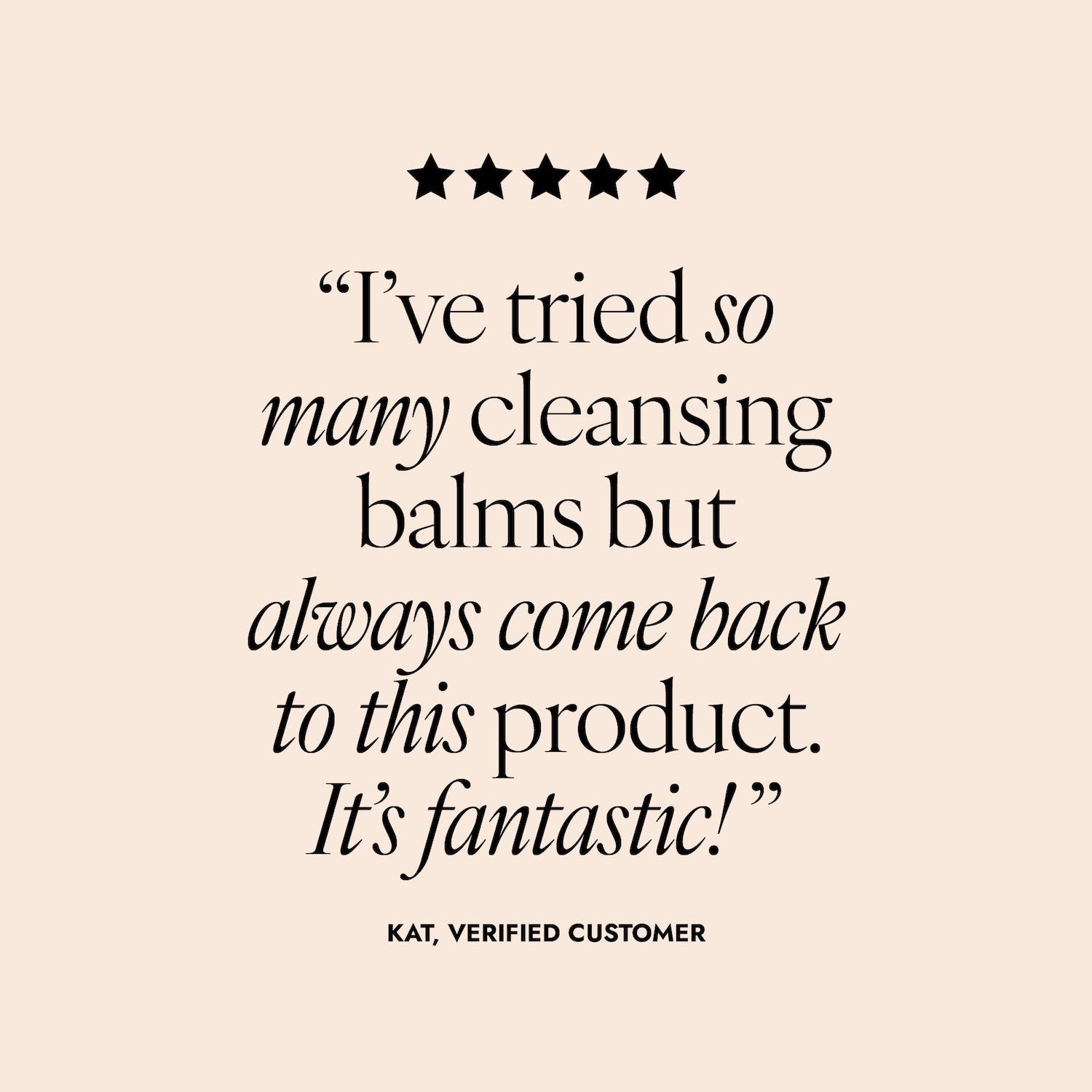 Product review with five stars and a quote from a verified customer on a beige background. Review reads