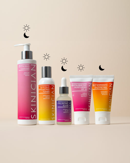 Image of products contained in the Combination skin bundle with icons for when to use them.
Revitalising Cleanser and Hyaluronic Elixir have sun and moon icons (use morning and night).
Glycolic Exfoliating Toner and Revitalising Day Moisturiser SPF 30 have sun icons (morning use).
Pro-Radiance Enzyme Peel has a moon icon (night use).