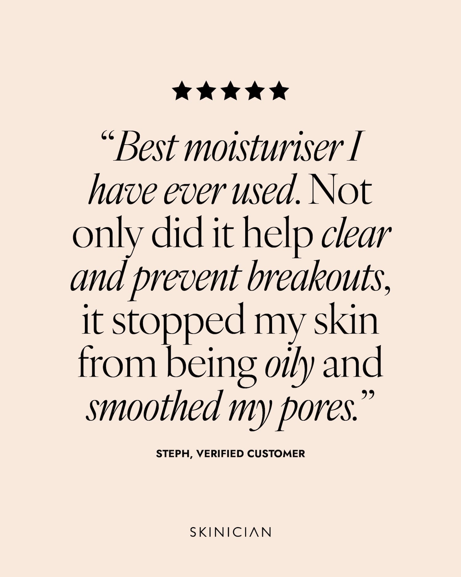 5 star customer review on beige background. The review reads