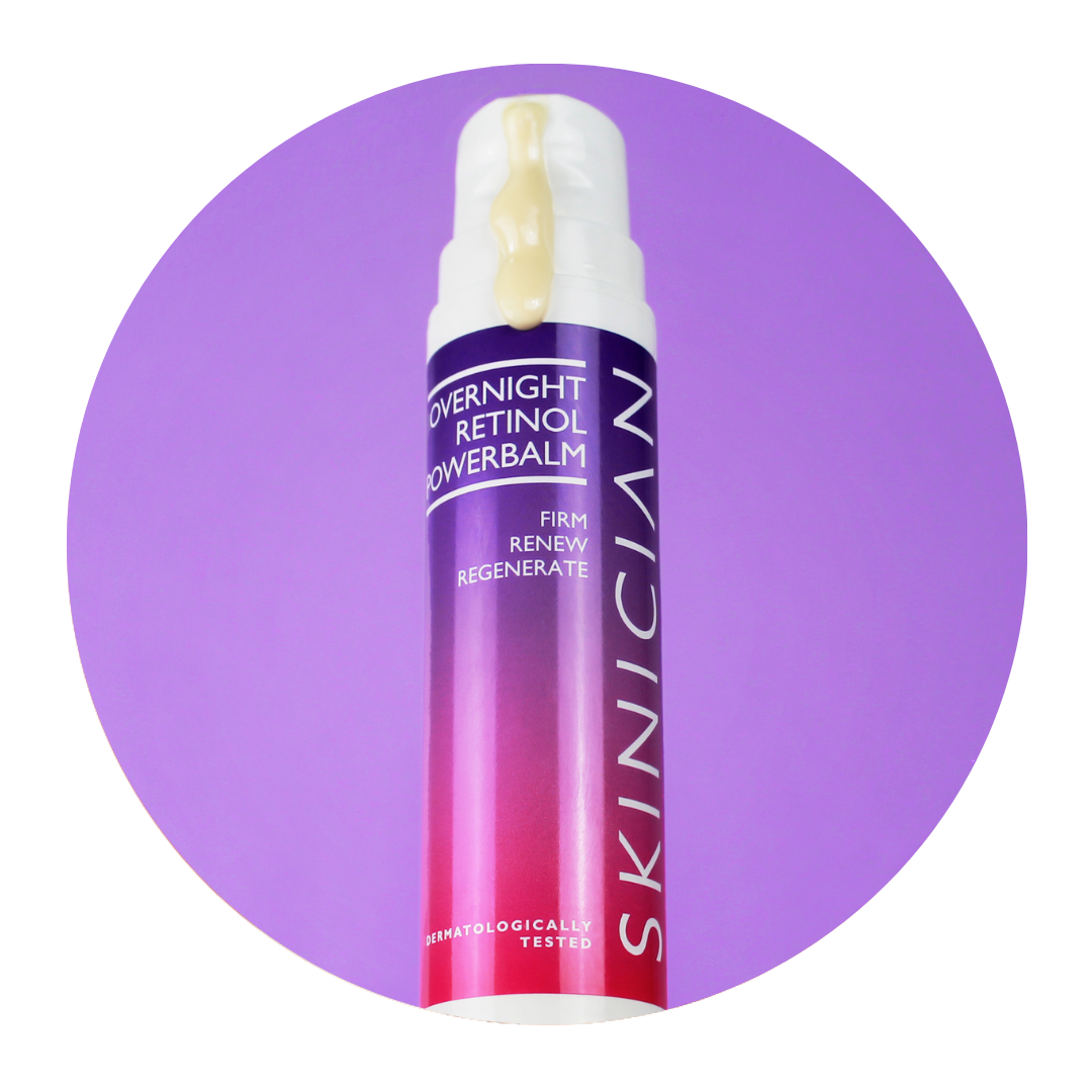 Round image of Skinician Overnight Retinol Powerbalm on a purple background with the product dripping down the bottle