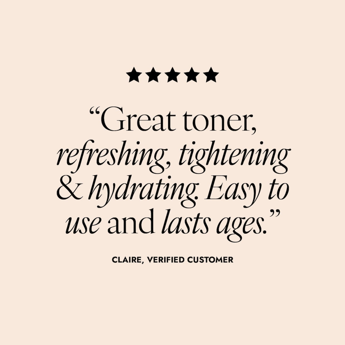 5 star review of Skinician revitalising toner. Review reads "great toner, refreshing, tightening and hydrating. Easy to use and lasts ages."