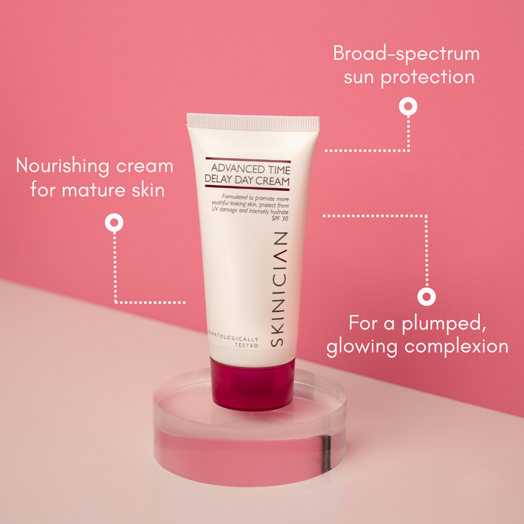 An annotated image of SKINICIAN Time Delay Day Cream SPF 30. The annotations say 'Nourishing cream for mature skin', 'Broad-spectrum sun protection' and 'For a plumped glowing complexion'