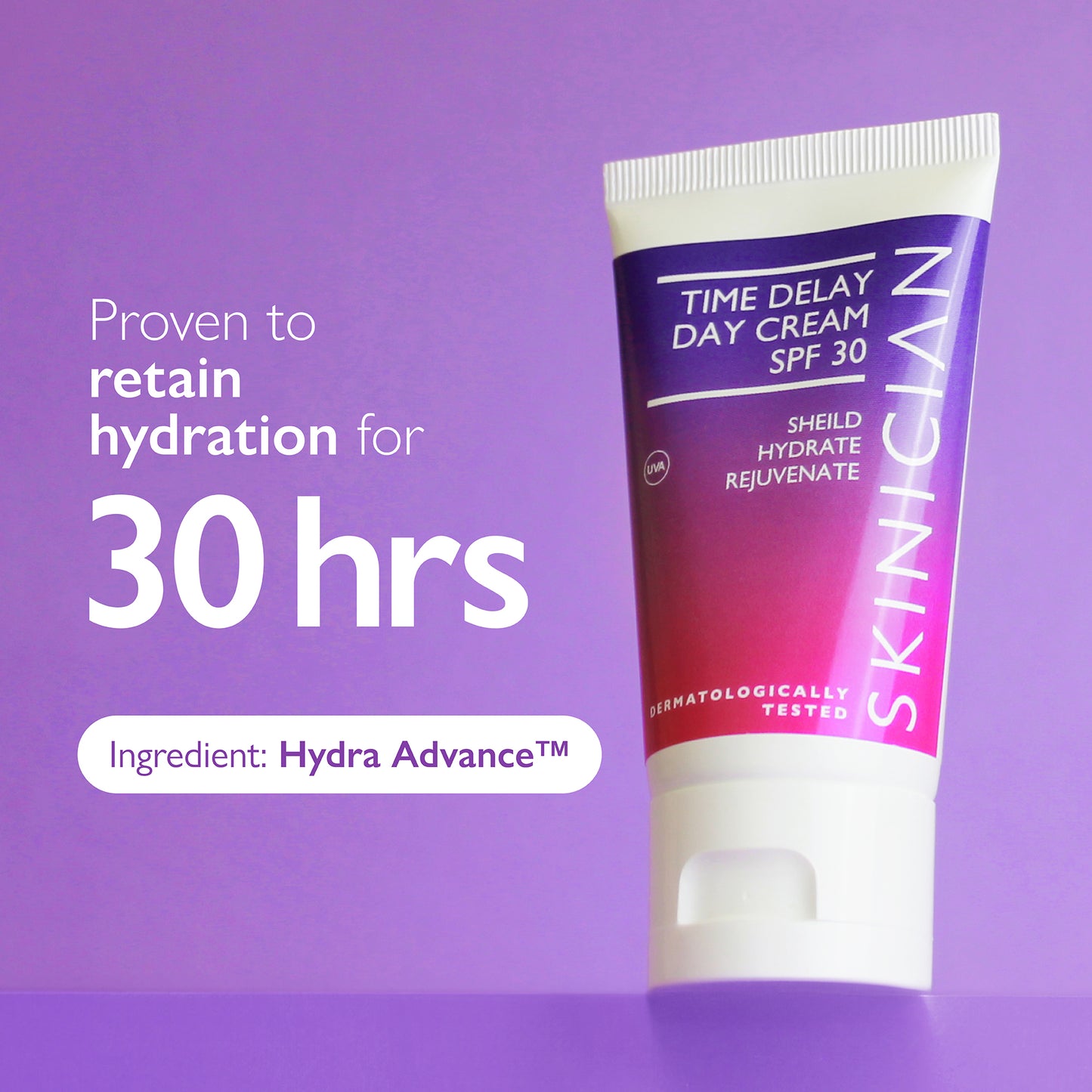 image of SKINICIAN Time Delay Day Cream on purple background with text "proven to retain hydration for 30 hours"