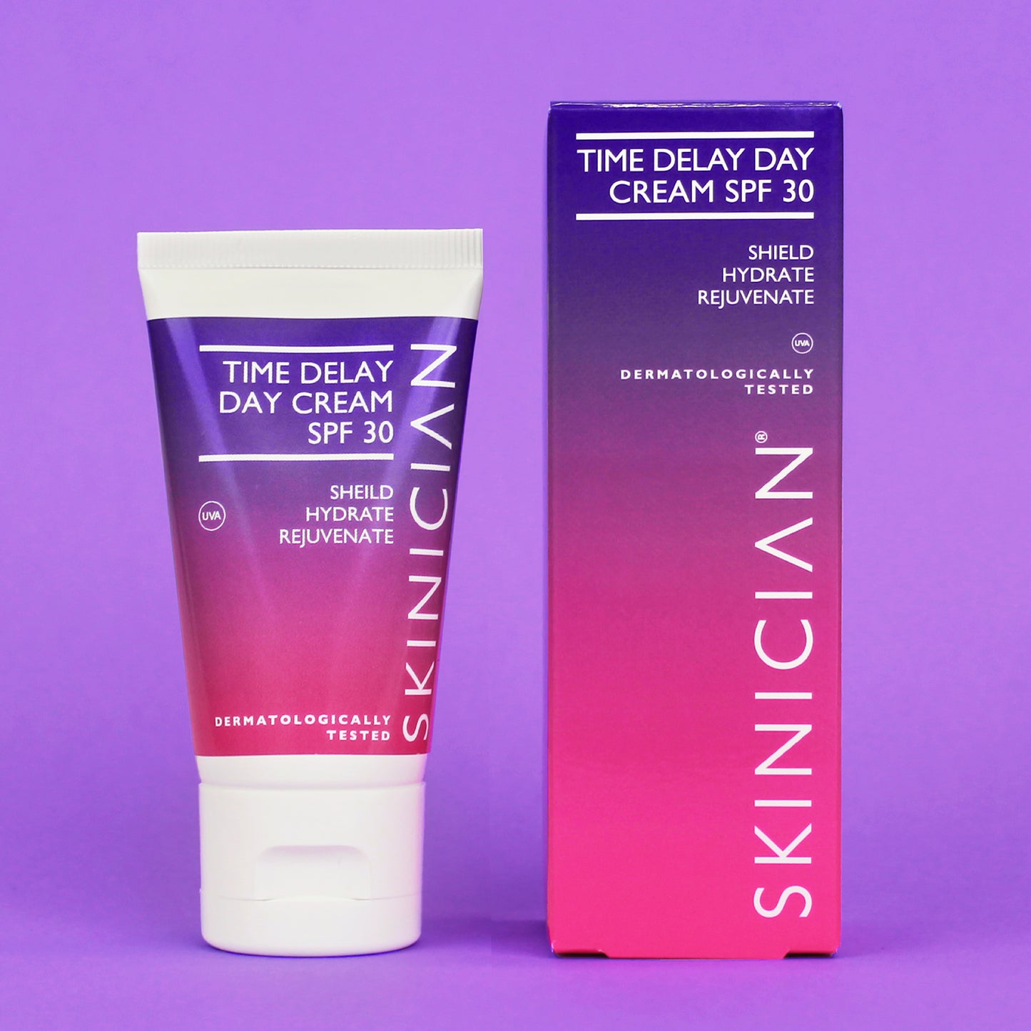 Time Delay Day Cream SPF 30 by Skinician on a purple background