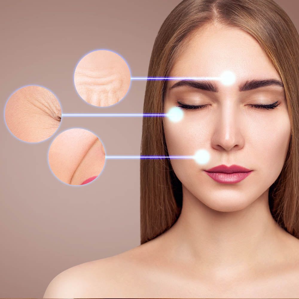 Woman with closed eyes, with highlighted zones on forehead, eyes, and cheek to show targeted skincare areas