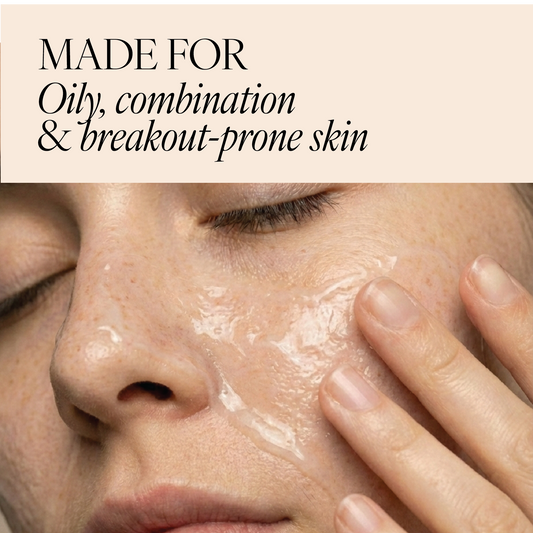 Close-up of a person applying Purifying Cleansing Gel to their cheek, with text at the top reading 'MADE FOR Oily, combination & breakout-prone skin'.