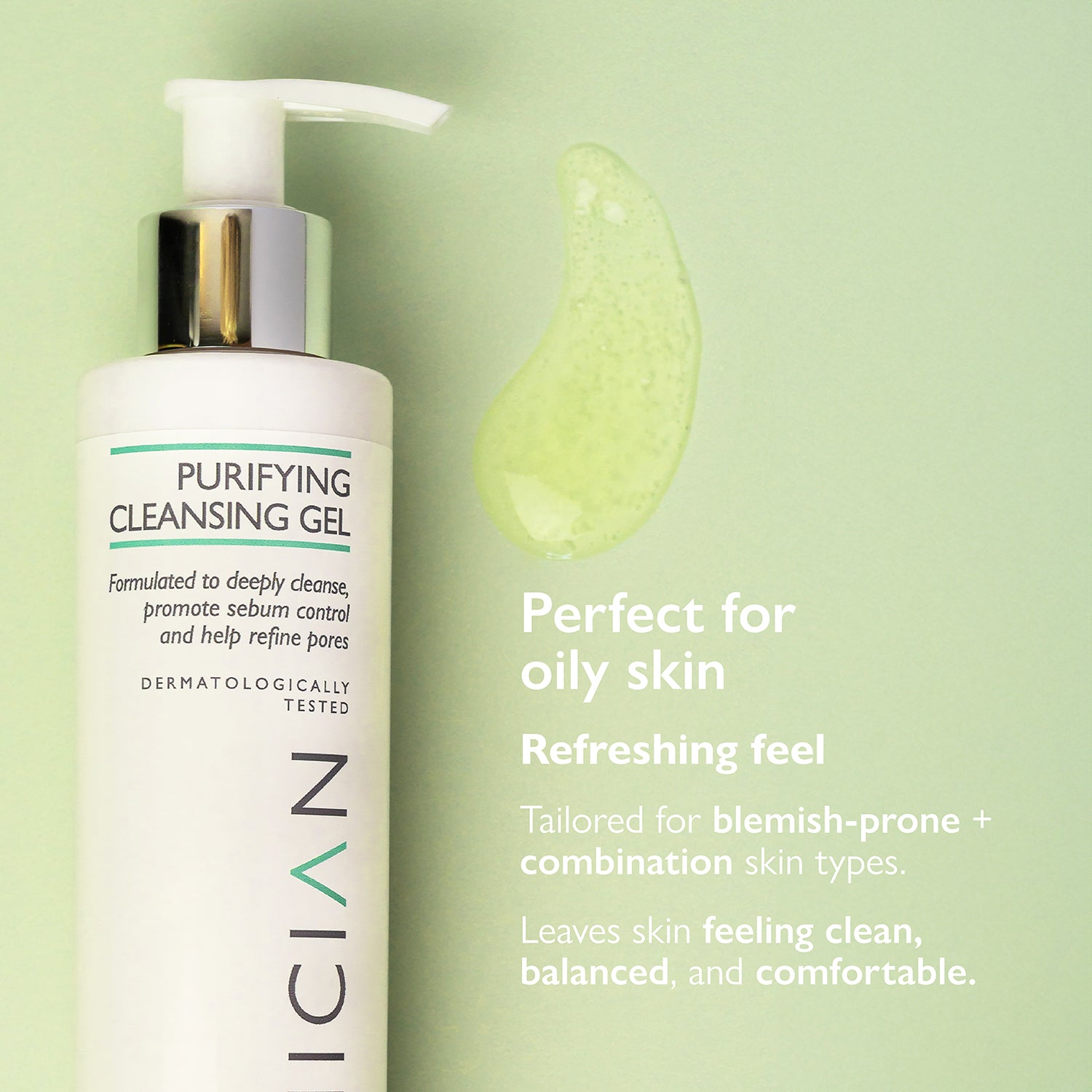 Purifying cleansing gel bottle with green gel smear on a light green background