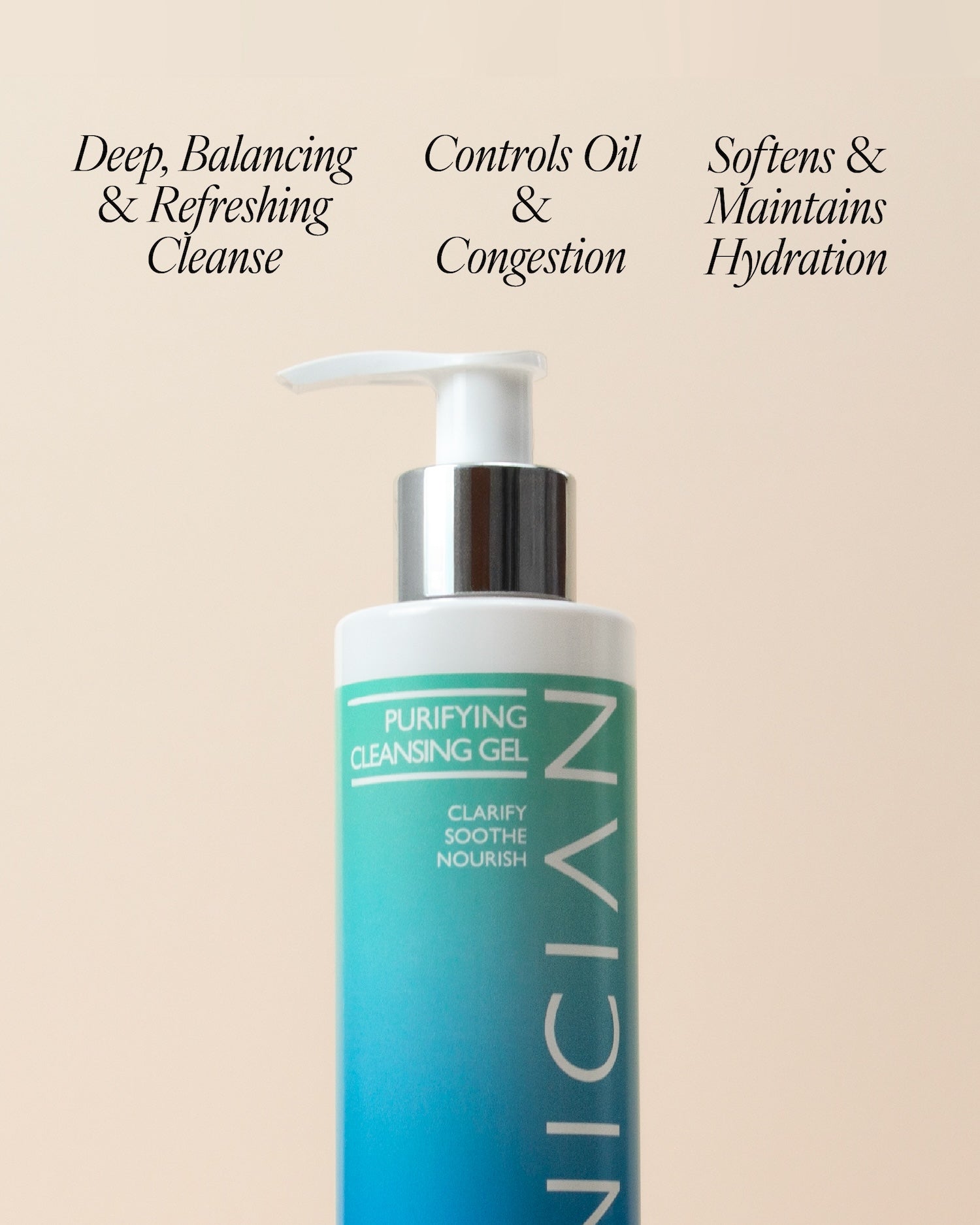 Image of Purifying Cleansing Gel on beige background with text