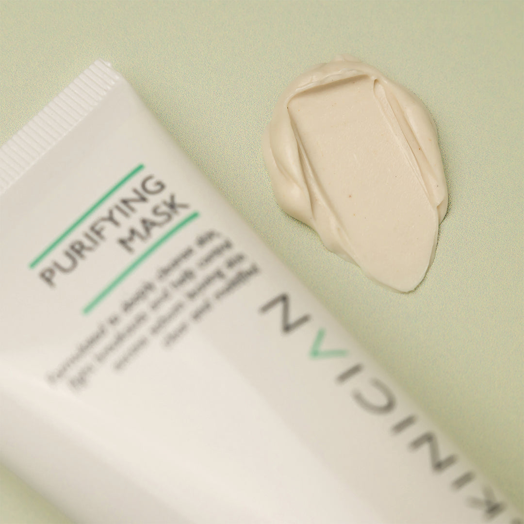 Purifying clay mask tube and mask texture displayed. Thick, rich and creamy.