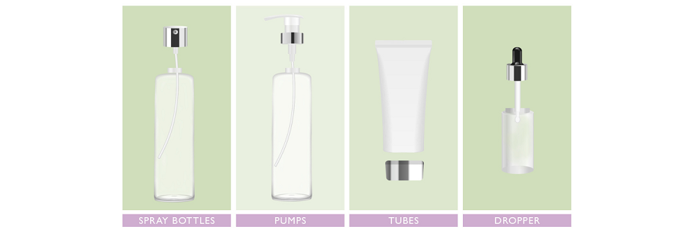 image of SKINICIAN spray bottles, pumps, tubes and droppers showing how to recycle each one