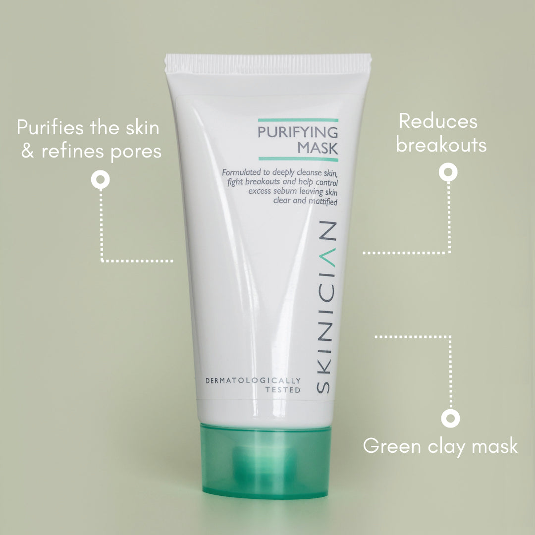 Green Clay Purifying Mask annotated image. The annotations say 'Purifies the skin & refines pores', 'Reduces breakouts' and 'Green clay mask'.