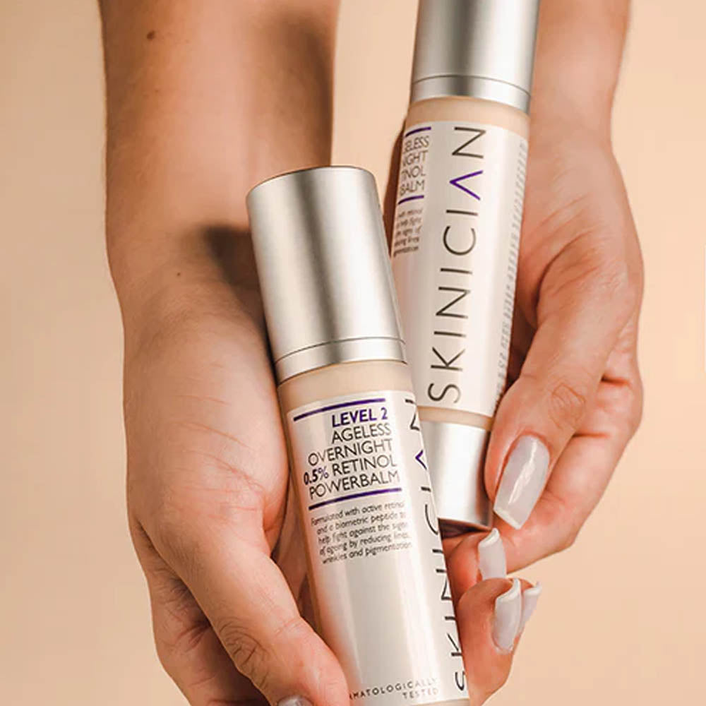 Close-up of two SKINICIAN Ageless Retinol Powerbalm bottles being held in both hands