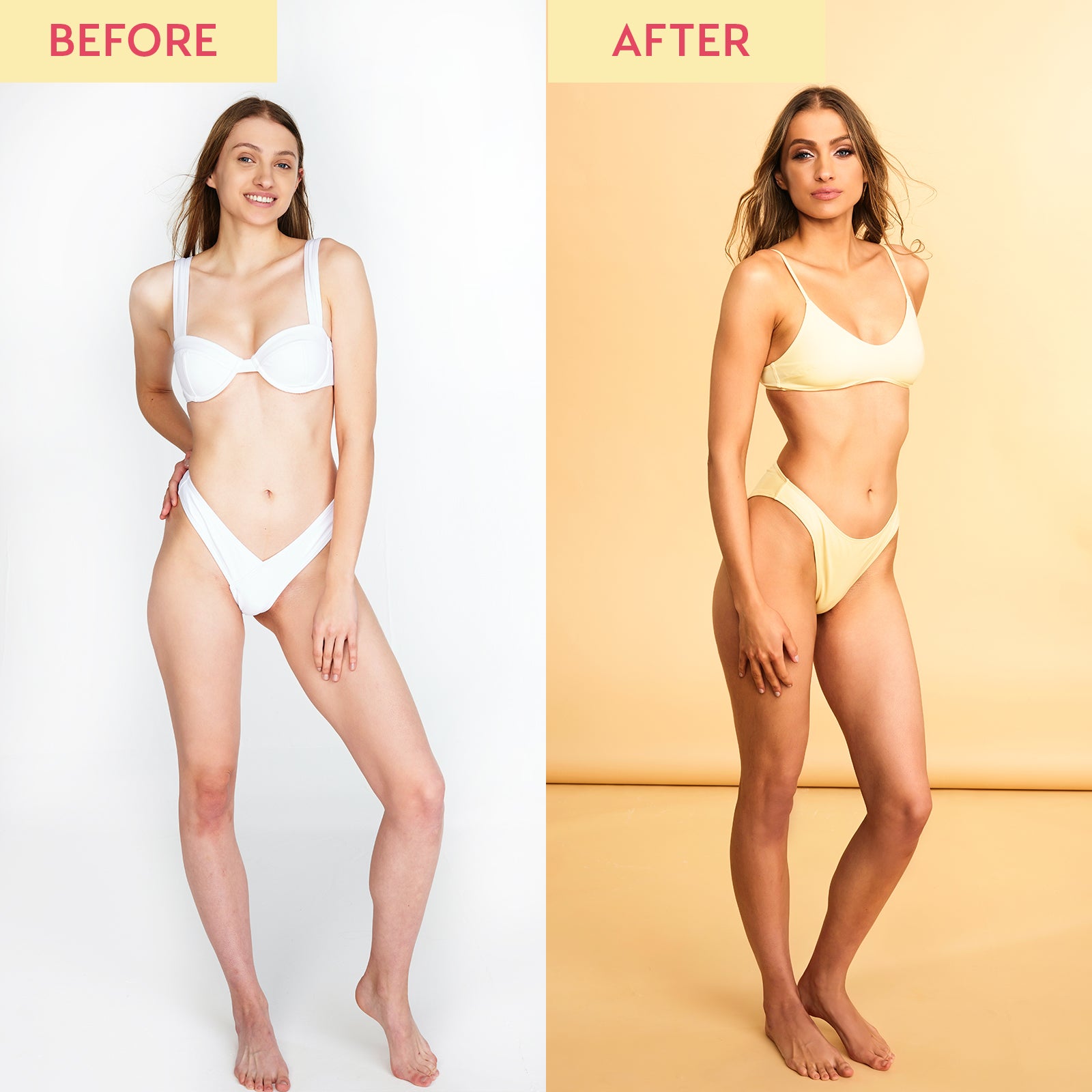 Before and after video of a model in a white bikini. The before image shows pale skin and the after image shows a natural, medium tan as a result of using the He-Shi Express Liquid Tan.
