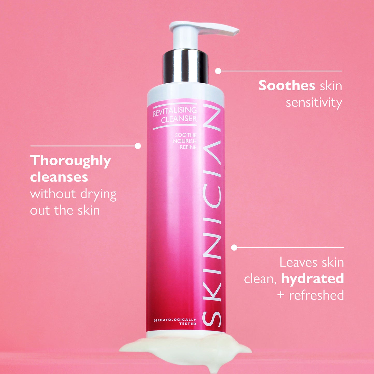 Hydrating cream cleanser annotated image.  The annotatzions say 'Thoroughly cleanses without drying out the skin', 'Soothe skin sensitivity' and 'Leaves skin clean, hydrated & refreshed'.
