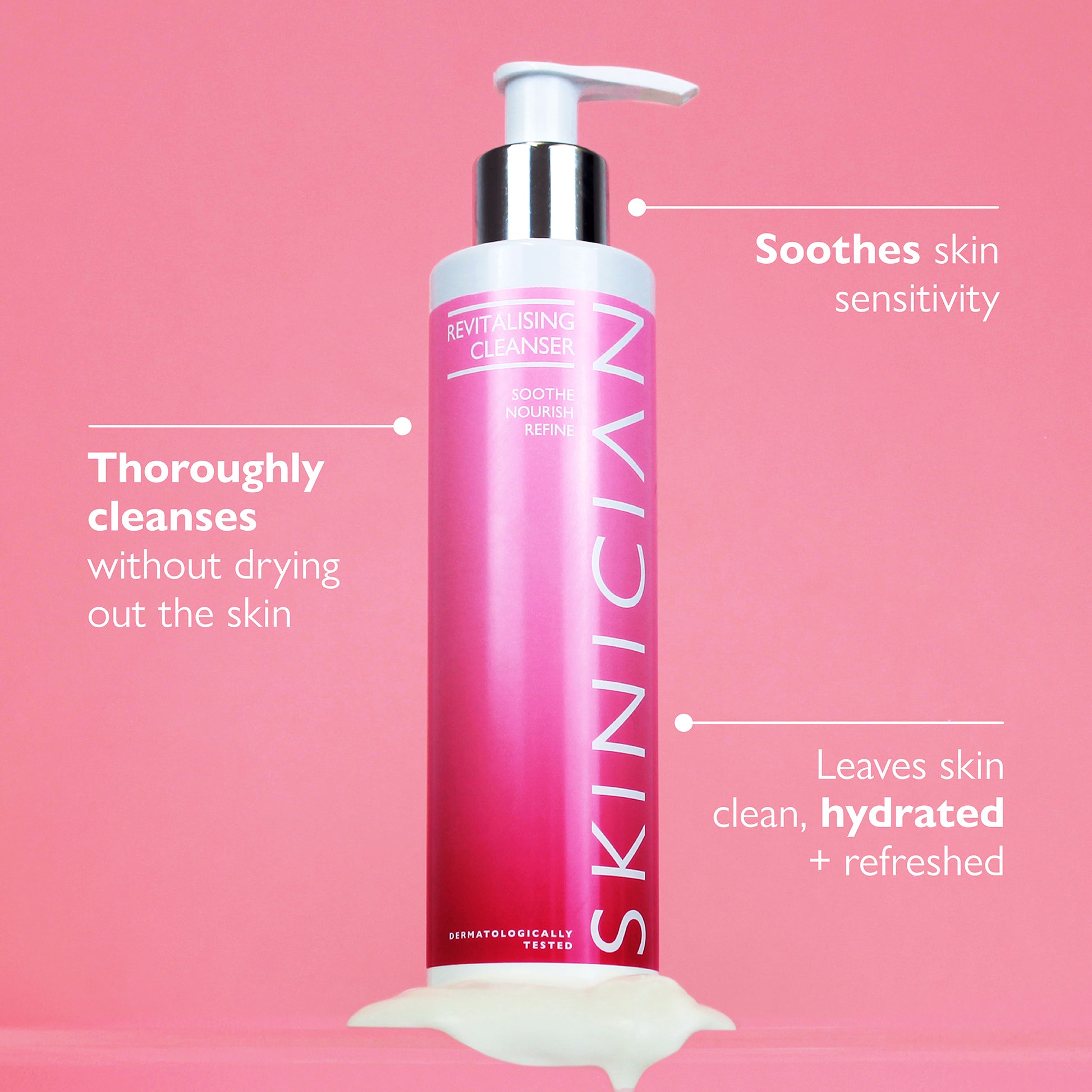 Hydrating cream cleanser annotated image.  The annotatzions say 'Thoroughly cleanses without drying out the skin', 'Soothe skin sensitivity' and 'Leaves skin clean, hydrated & refreshed'.