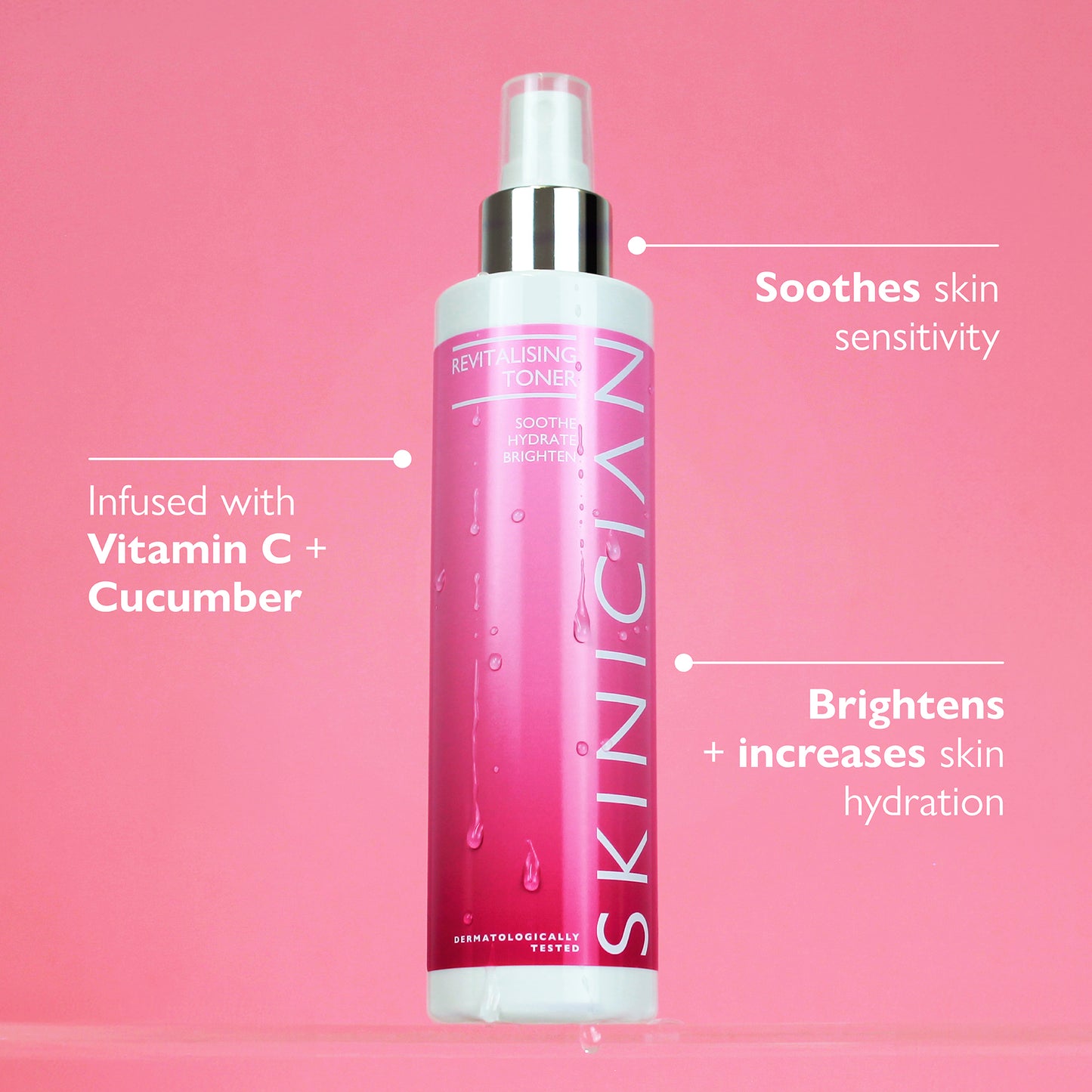 Revitalising face toner annotated image.  The annotations say 'Infused with Vitamin C & Cucumber', 'Soothe skin sensitivity' and 'Brighten & increase skin hydration'.