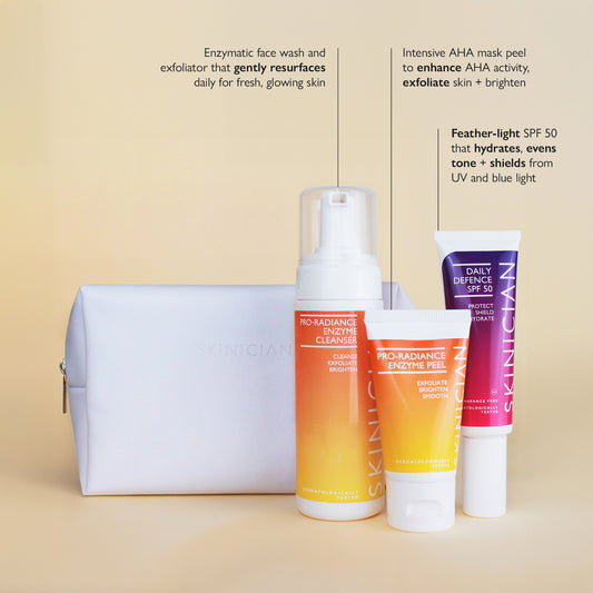 Image of Skinician Get Up & Glow Skincare Set and the products inside on a beige background and featuring product benefits