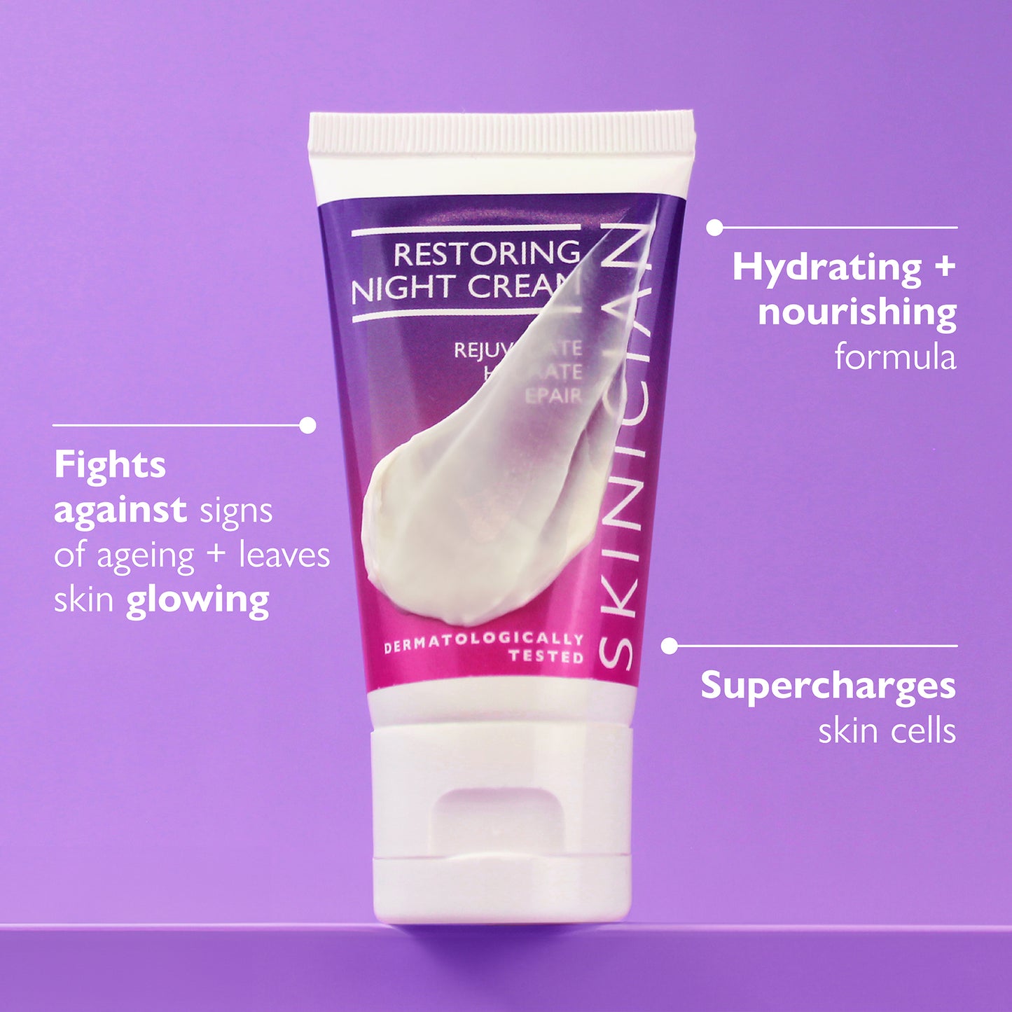 Tube of Skinigenian Restoring Night Cream on a purple background and featuring text highlighting the following benefits: "Fights against signs of ageing and leaves skin glowing. Hydrating and nourishing formula. Supercharges skin cells"