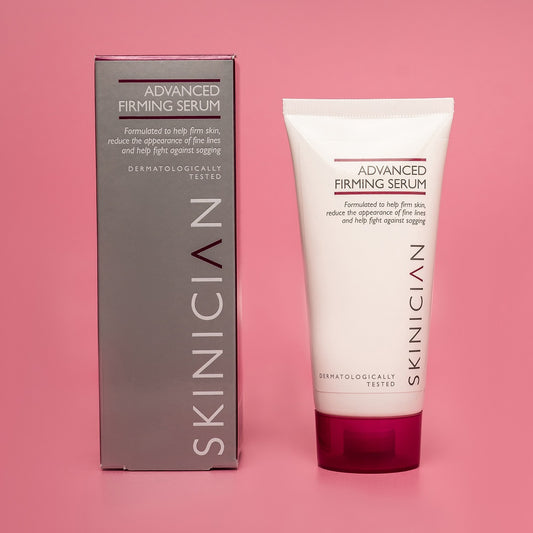 SKINICIAN peptide skin firming serum pictured on a pink background, displaying the carton and the 50ml tube