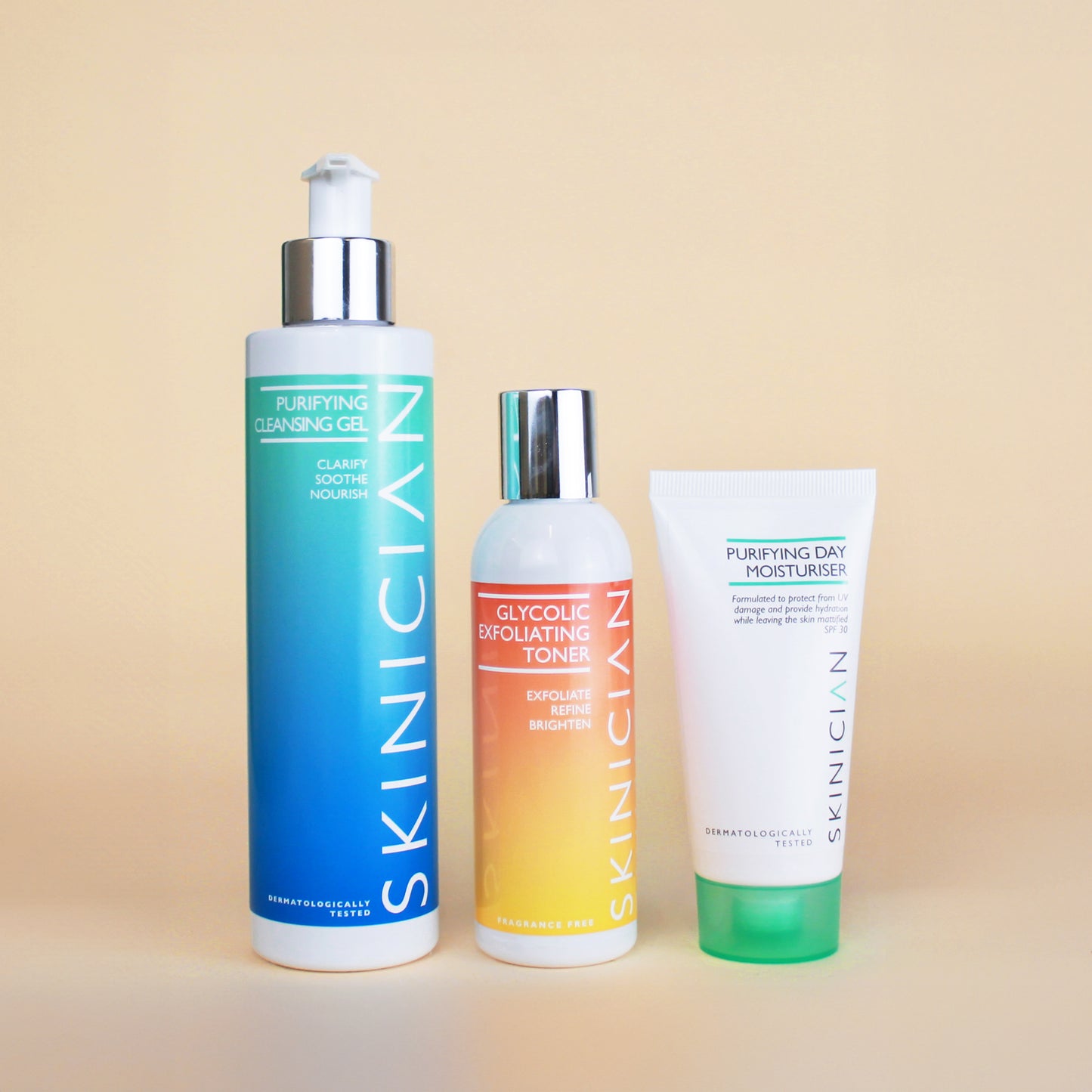 Image of Skinician Purifying Cleansing Gel, Glycolic Exfoliating Toner and Purifying Day Moisturiser on a beige background