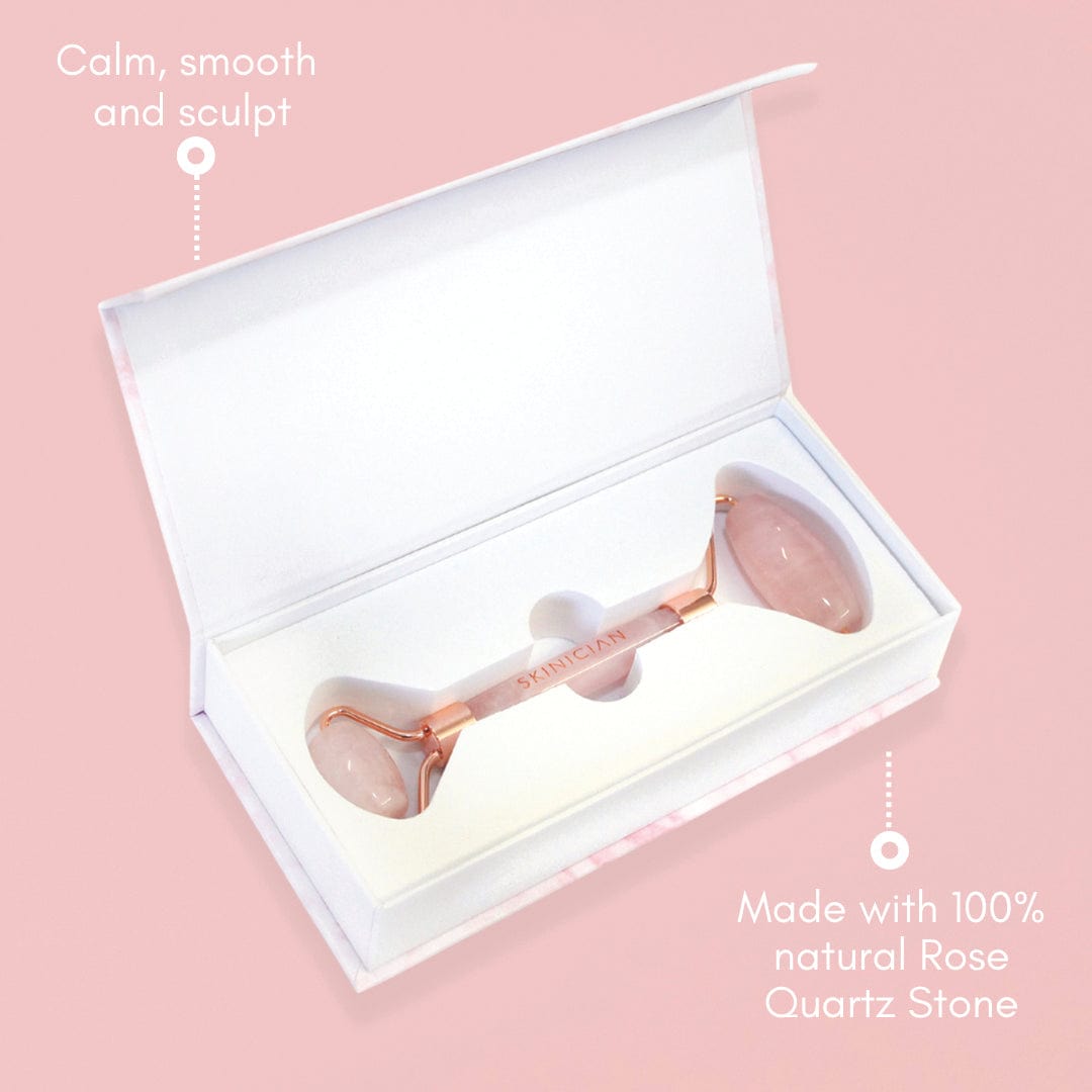 Rose Quartz Massage tool benefits in a annotated image. The annotations say 'Calm, smooth and sculpt' and 'Made with 100% natural Rose Quartz Stone'.