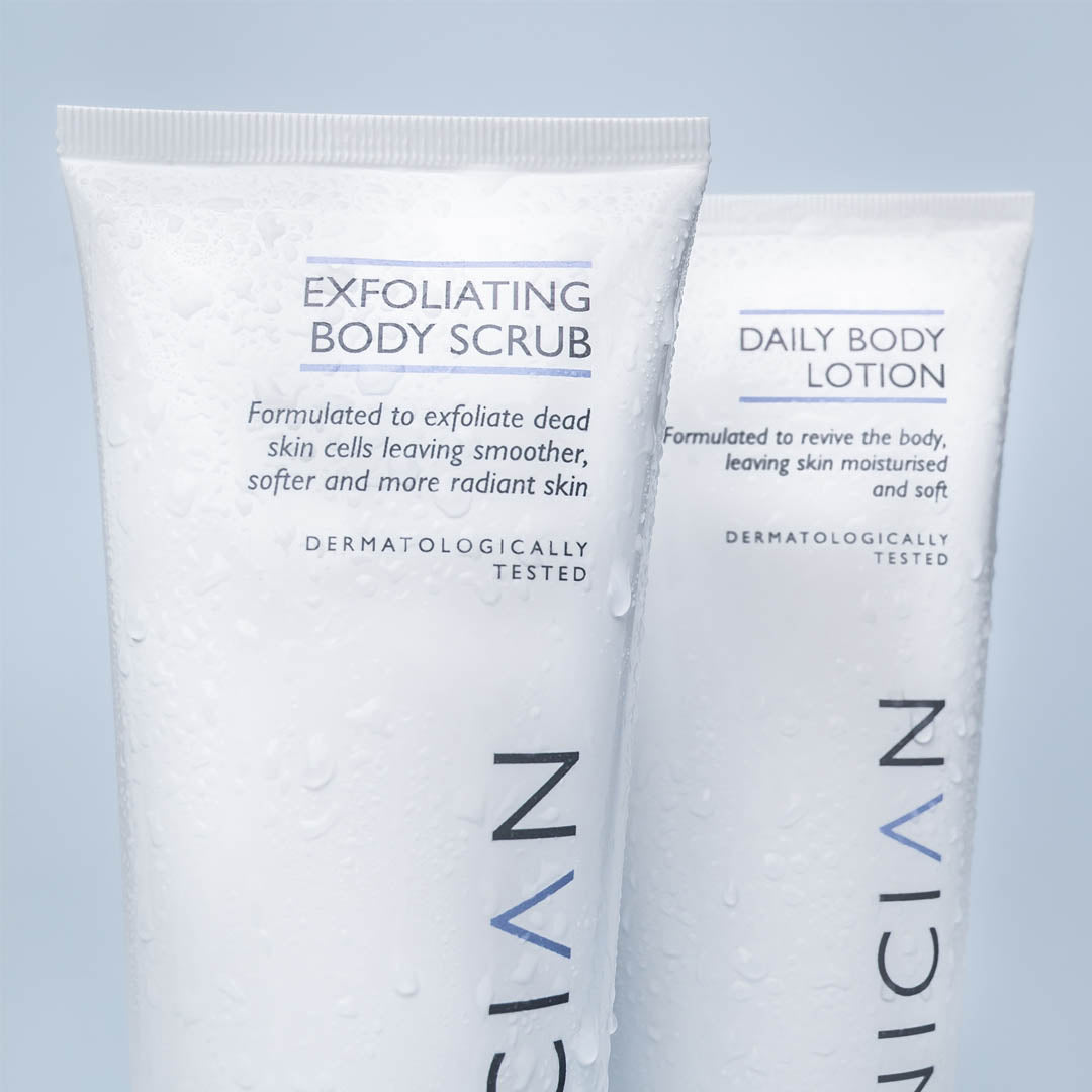 Image of Skinician exfoliating body scrub and daily body lotion with shea butter and vitamin e