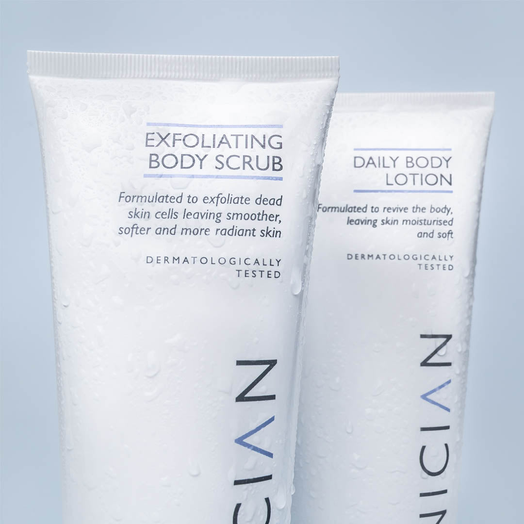 Image of both skinician exfoliating body wash and daily body lotion side by side on a blue background.