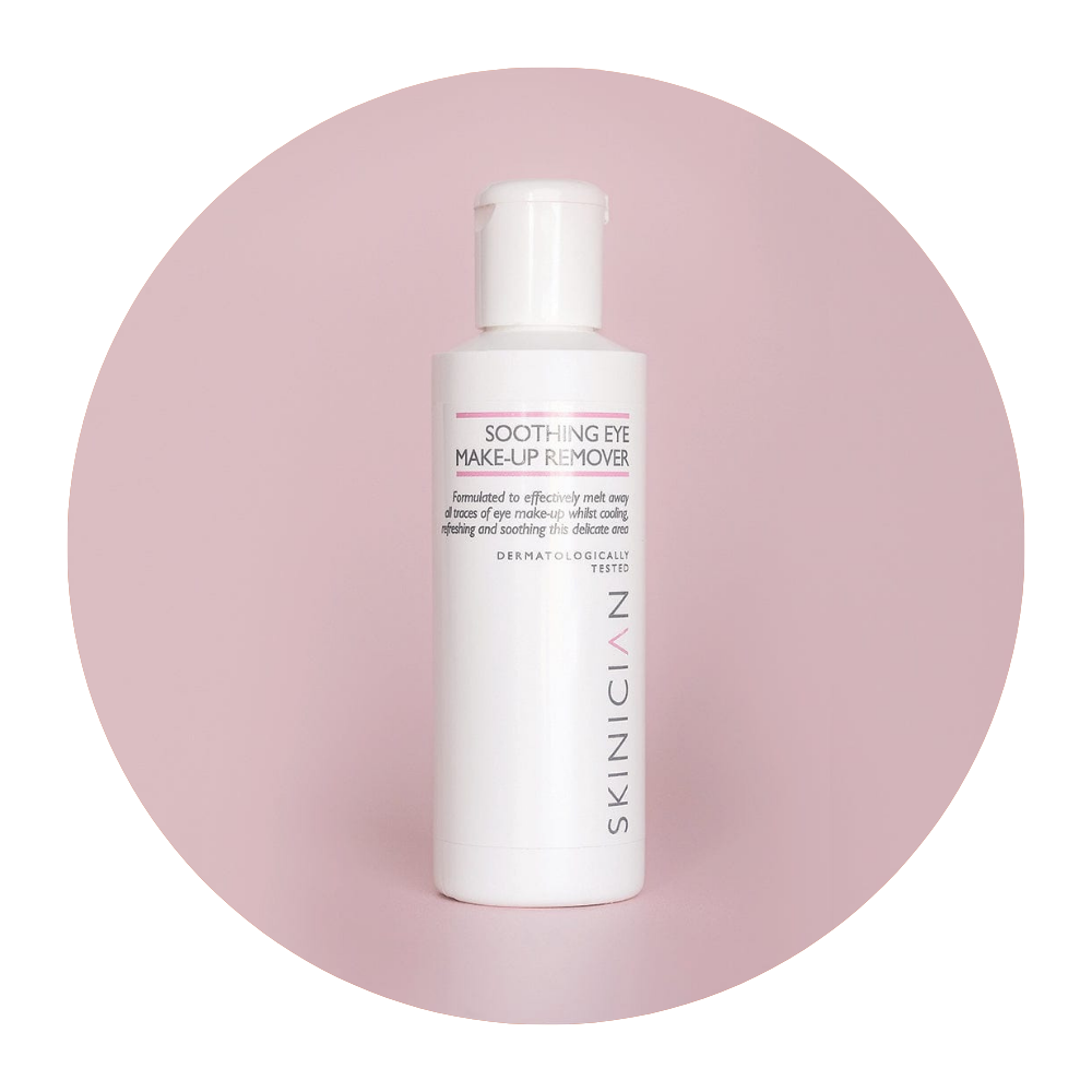 Round image of Skinician Soothing Eye Makeup Remover bottle on light pink background