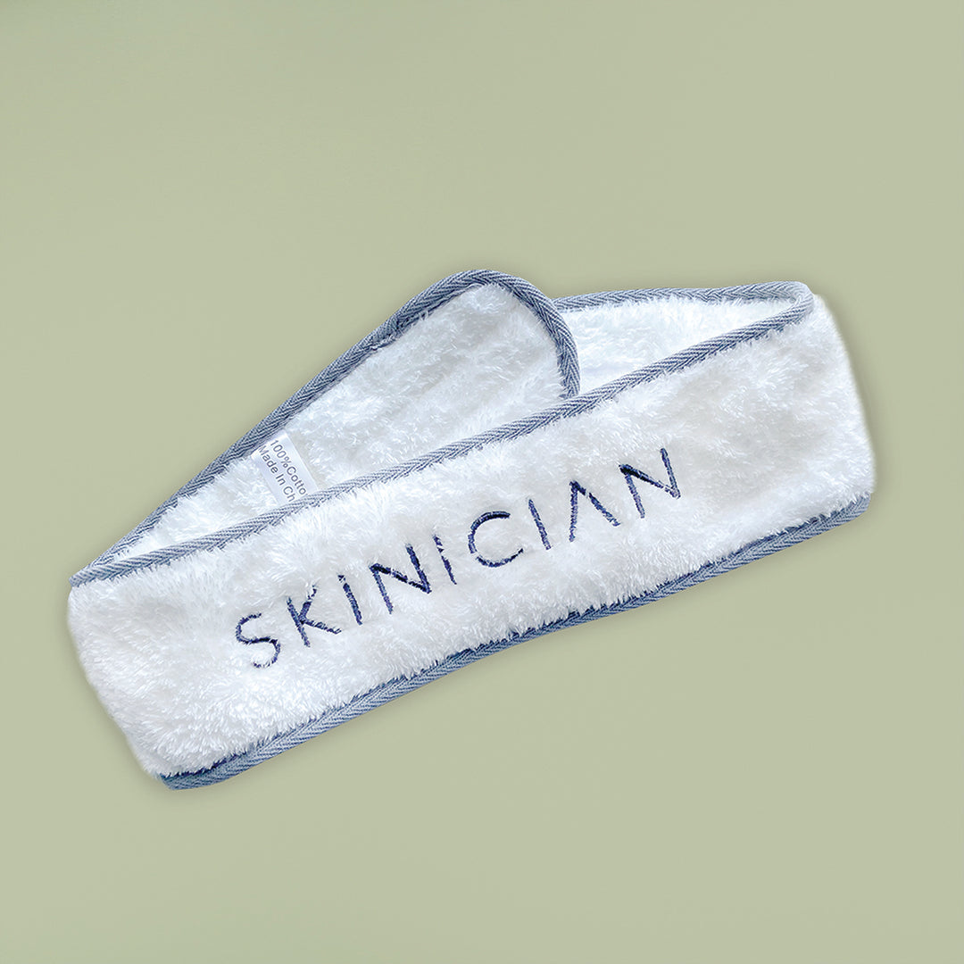 Skinician facial headband soft white material with grey trim shown