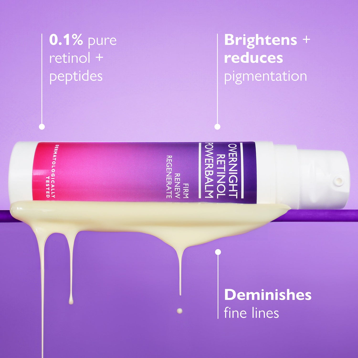 Image of Overnight Retinol Powerbalm bottle laying on its side with product pouring out. The image has annotations which say; 0.1% pure retinol & peptides, diminishes fine lines and brightens & reduces redness.