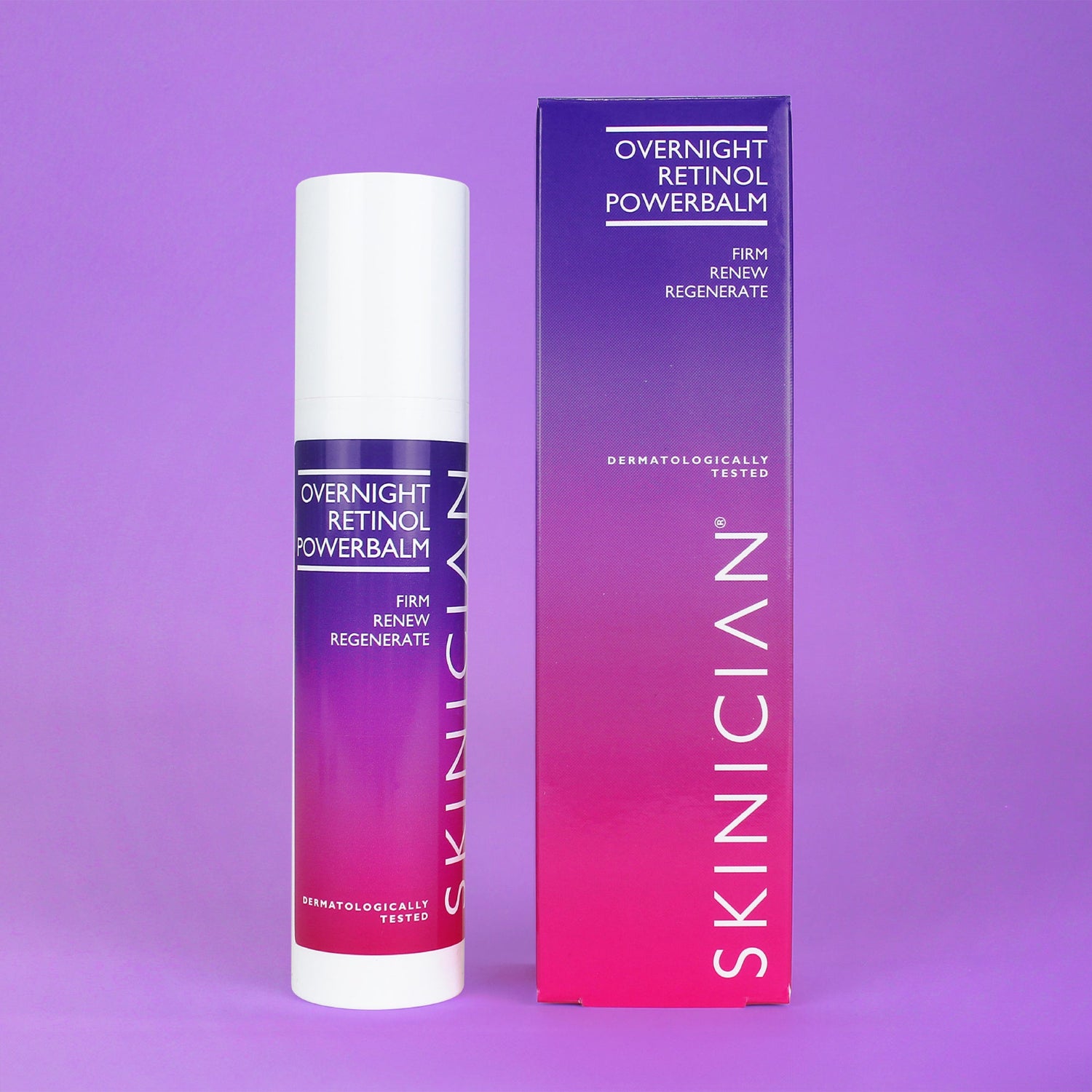 Skinician Retinol Powerbalm bottle and carton on purple background