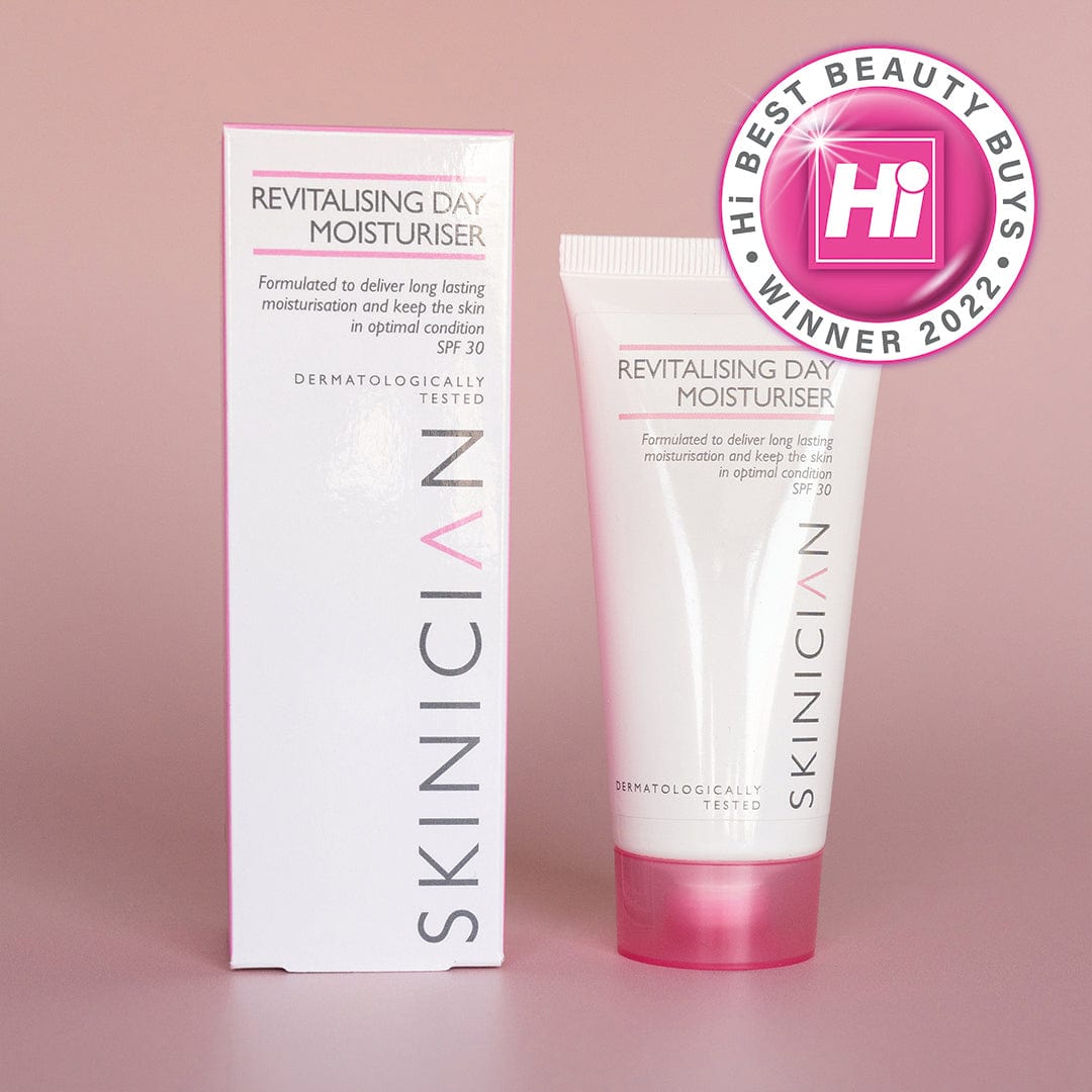 SKINICIAN Revitalising Day Moisturiser SPF 30 tube and carton displayed with a Hi Best Beauty Buys Award Winner 2022 Logo