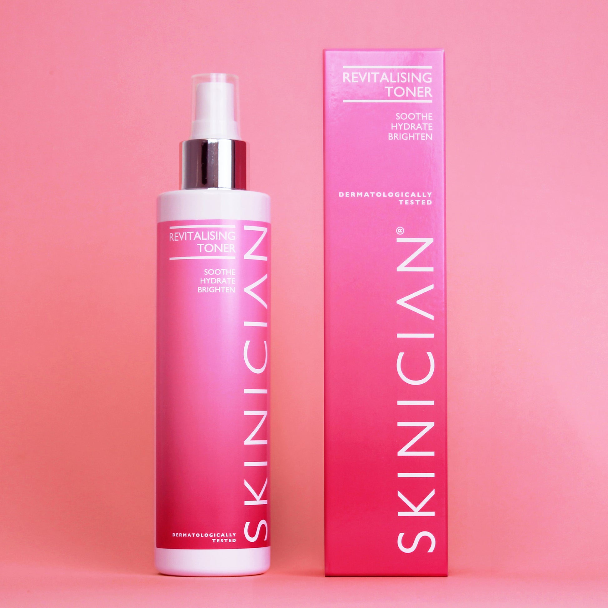 SKINICIAN revitalising toner bottle and packaging on a pink background