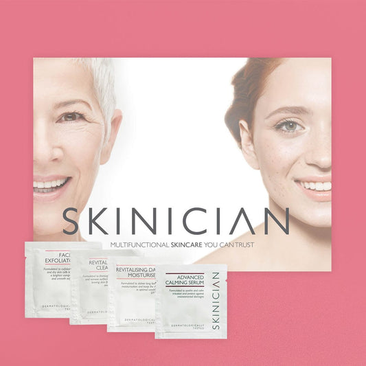 Skinician brochure and sachet samples for people with sensitive skin.  Includes - Facial Exfoliator, Revitalising Cleanser, Revitalising Moisturiser and Advanced Calming Serum.