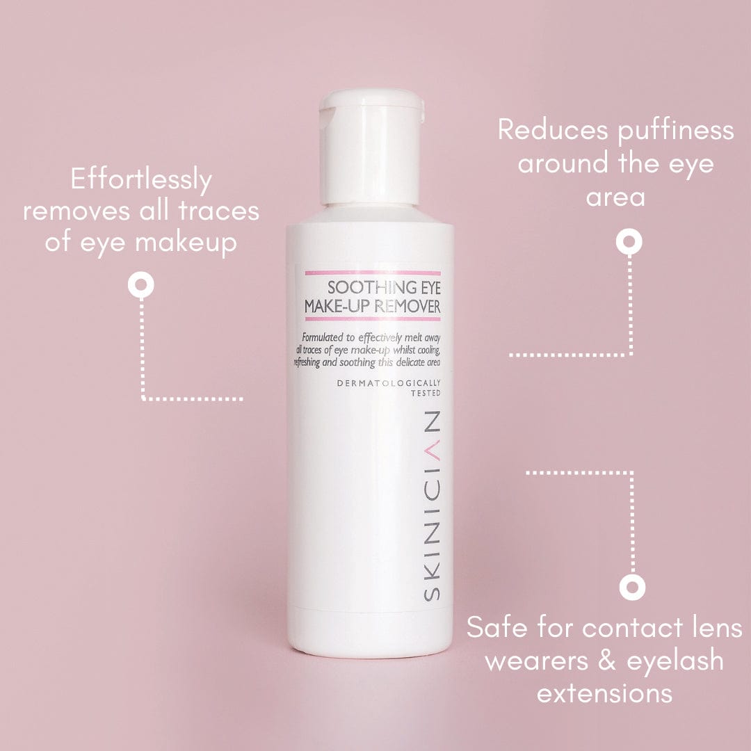 Sensitive skin eye makeup remover annotated image. The annotations say 'Effortlessly removes all traces of eye makeup', 'Reduces puffiness around the eye area', 'targeted anti-redness serum' and 'safe for contact lens wearers & eyelash extensions'.
