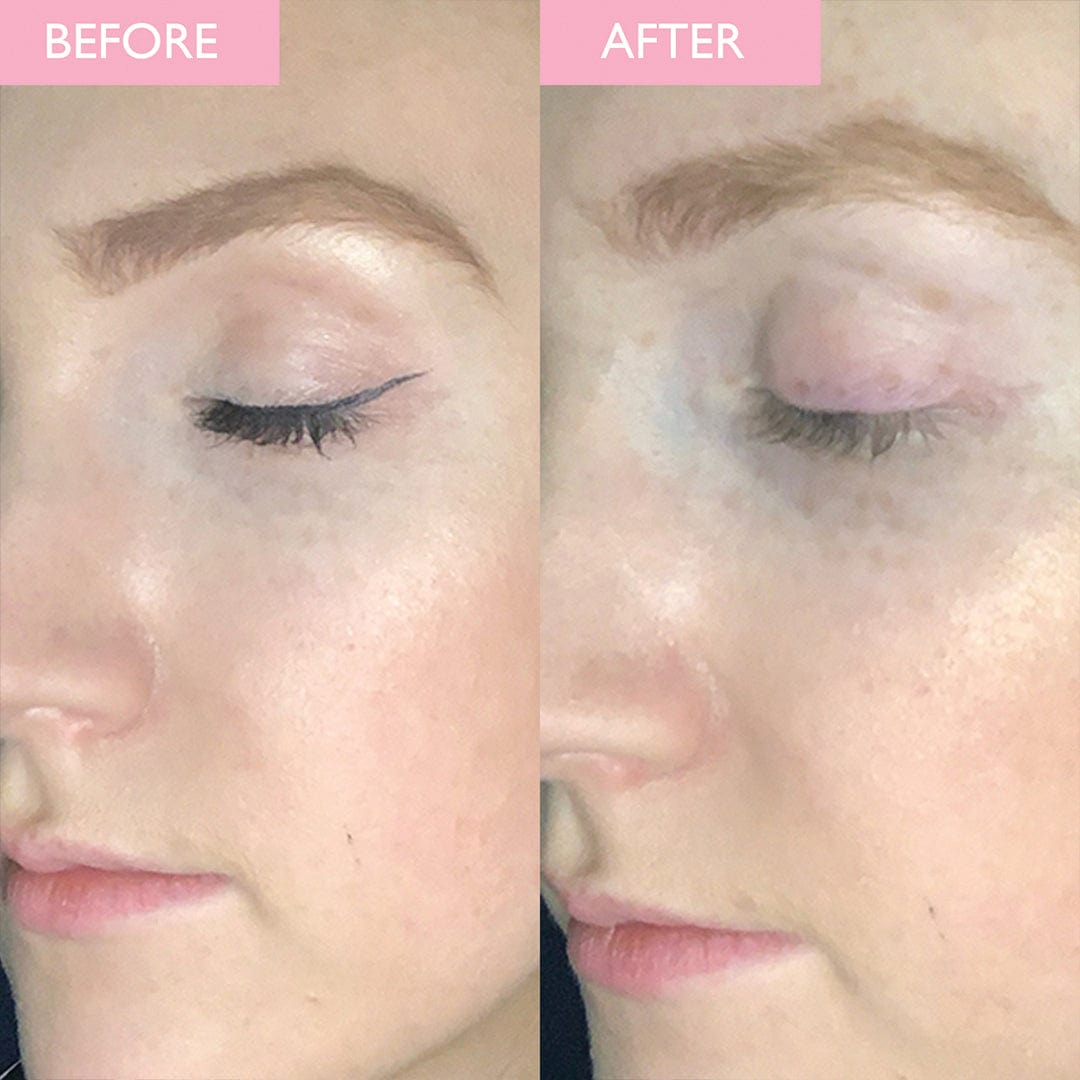 Close up before and after image from using  eye makeup remover for sensitive eyes