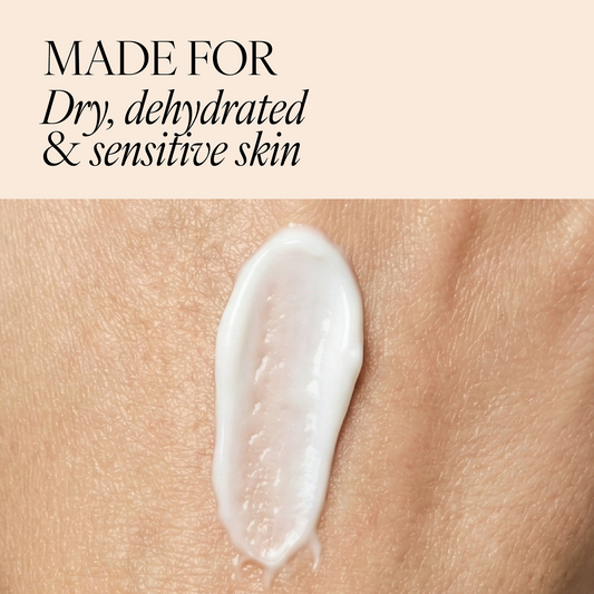 Image of day cream texture with text "made for dry, dehydrated & sensitive skin"