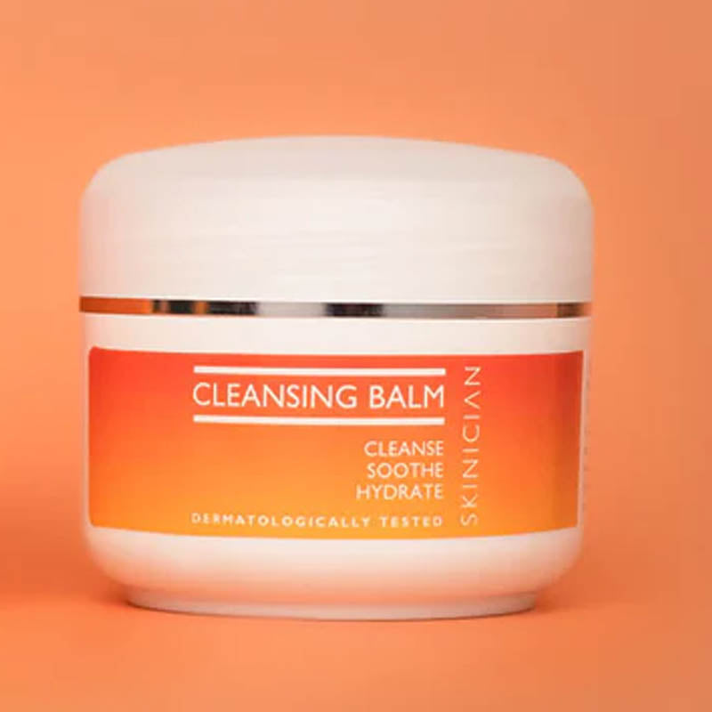 Image of Skinician Cleansing Balm tub on an orange background