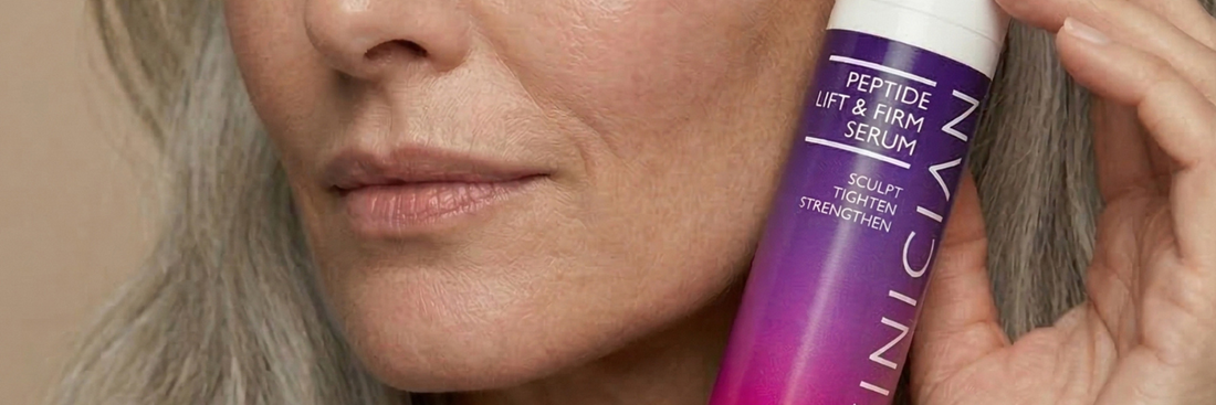 A leading banner showing white female with grey hair holding tube of Skinician Peptide Lift and Firm Serum