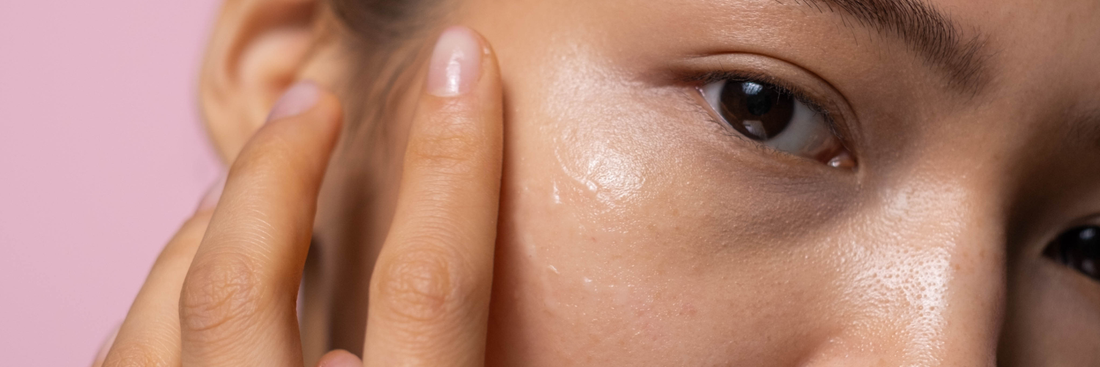 Close up image of woman's face, showcasing finger pressing on the cheek, rubbing serum onto the skin