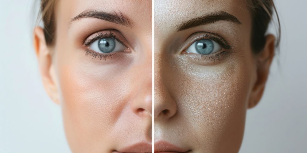 Image of women with dry and flaky skin on one side and hydrated, plump and smoothed skin texture on the other