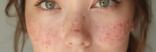 Image of a woman with skin redness, close up showing her green eyes and visible skin inflammation.